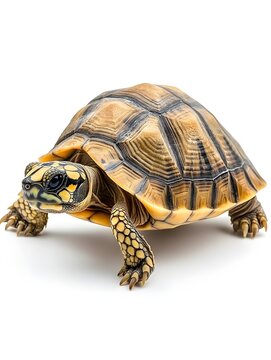 Close Up Turtle with Intricate Shell Pattern Isolated on White Background Studio Shot