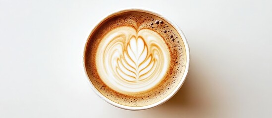 Fototapeta premium Aerial view of a latte coffee in a paper cup.