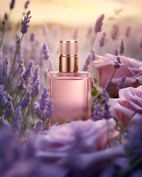 Elegant Perfume Glass Bottle with Pink Roses In French Lavender Fields. Floral Fragrance. Soft Bokeh Background. Product Mockup.