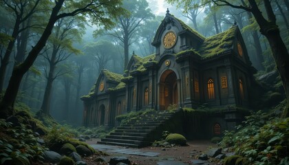 Fototapeta premium Enchanted Forest with Abandoned Mansion Surrounded by Lush Greenery
