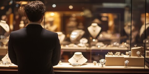 Obraz premium A man in a suit is looking at a display of jewelry in a store