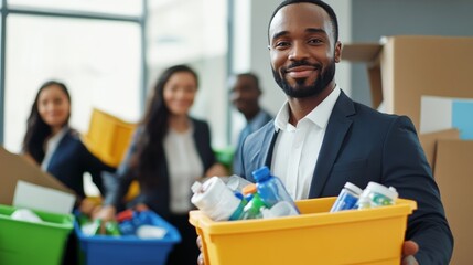 A man in a suit is smiling and holding a yellow trash can