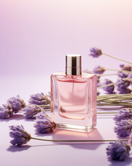 Elegant Perfume Glass Bottle on Pink Background with Bundles of Lavender Flowers. Floral Fragrance. Product Mockup. Copy Space.