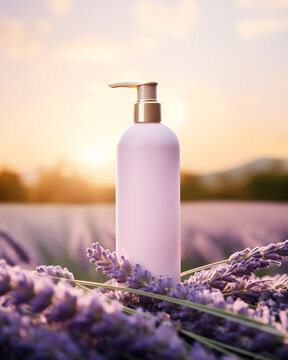 Elegant White Skincare Bottle Mockup for Shampoo, Soap and Lotion In French Lavender Flower Fields. Soft Bokeh Background. 