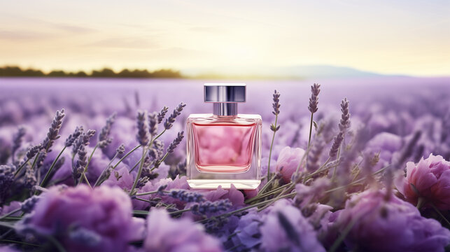 Elegant Perfume Glass Bottle with Pink Roses In French Lavender Flower Fields During Sunrise. Floral Fragrance. Soft Bokeh Background. Product Mockup. Copy Space.