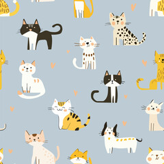 Fototapeta premium Seamless pattern of cute cartoon cats on a soft blue background with small hearts, designed in a flat and minimalist hand drawn style