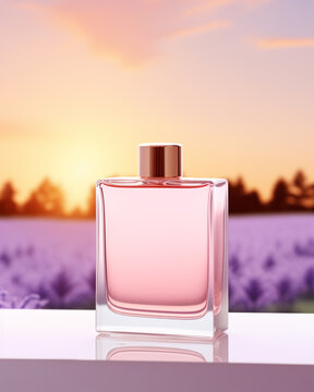Elegant Skincare Glass Bottle Mockup for Essential Oil, Serum and Perfume on White Surface In French Lavender Flower Fields. Soft Bokeh Background. 