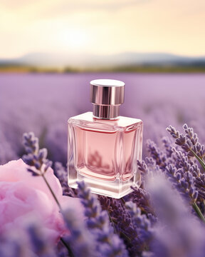 Elegant Perfume Glass Bottle with Pink Roses In French Lavender Flower Fields During Sunrise. Floral Fragrance. Soft Bokeh Background. Product Mockup.