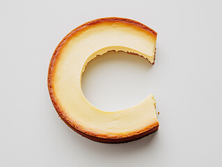 a letter C made of a cheesecake. top view. Minimalistic design on a plain white background