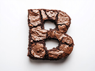 a letter B made of brownie. top view. Minimalistic design on a plain white background