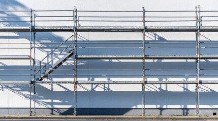 Metal Scaffolding Structure Against White Wall with Shadows and Lines