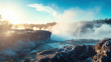 Fototapeta premium Serene geothermal landscape with steaming vents under a clear blue sky at sunrise