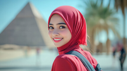 Fototapeta premium Malay tourist woman enjoy travelling at desert near ancient giza Pyramid