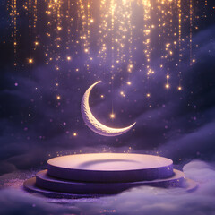 Crescent Moon Glittering Stage Magical Night Scene