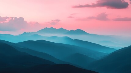 Beautiful layered mountain range scene under pink and blue skies