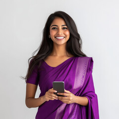 Naklejka premium young indian woman using smartphone on white background