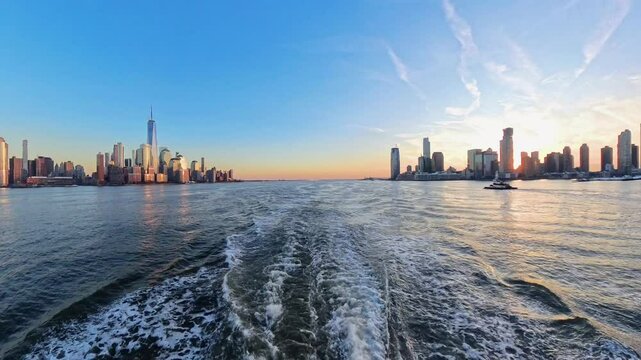 Breathtaking view of New York City skyline from stern of ferry at sunset, with foamy wake stretching into horizon