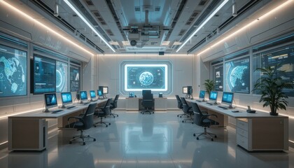 Modern High-Tech Office with Advanced Computer Workstations