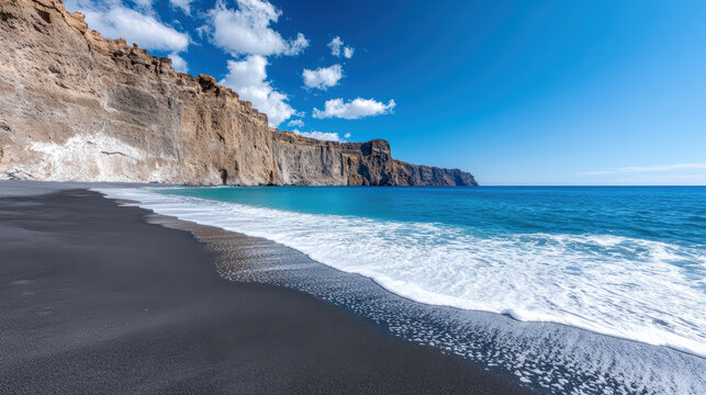 stunning black sand beach surrounded by towering volcanic cliffs and clear blue water