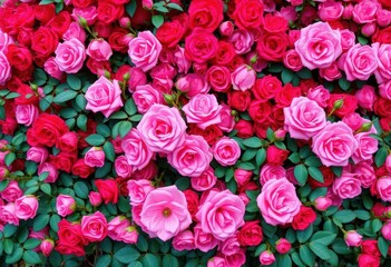 Naklejka premium Vibrant pink and red roses bloom densely on a floral wall backdrop, petals, blossom
