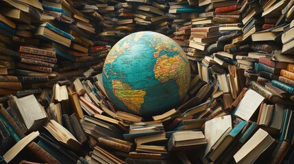 a globe encircled by books. literacy and education worldwide. International Literacy Day