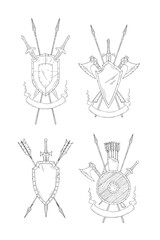 Set of medieval heraldic emblems with shields, swords, axes, spears, and bows