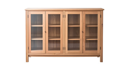A wooden cabinet with glass doors and shelves
