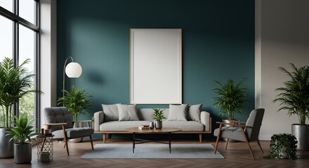 Fototapeta premium Serene teal living room interior boasts calming light and stylish midcentury modern furniture arrangement. AI Generated