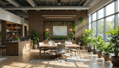 Fototapeta premium Modern Office Interior with Natural Light and Green Plants