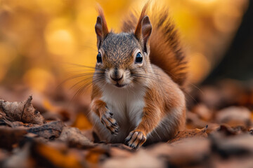 Fototapeta premium playful squirrel running through autumn leaves in vibrant forest