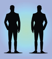 Silhouettes of diverse casual business people standing, walking, men, women full length. Business concept. Black monochrome Vector illustrations isolated on white background.