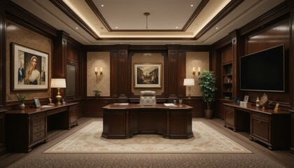 Elegant and Luxurious Wood Paneled Office Interior Design Concept