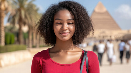 Fototapeta premium Afro tourist woman enjoy travelling at desert near giza Pyramid