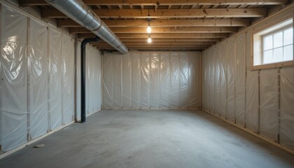 Fototapeta premium Empty unfinished basement space with plastic sheeting and beams