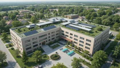 Fototapeta premium Modern Educational Building with Green Roof and Solar Panels