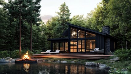 Obraz premium Modern cabin by a lake at dusk