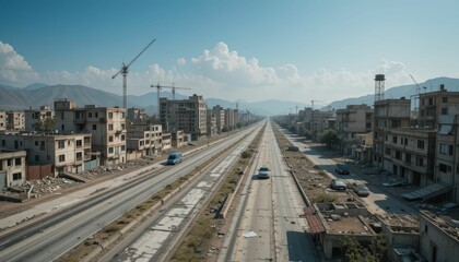 Obraz premium Abandoned Highway in Deserted Urban Landscape Under Clear Sky