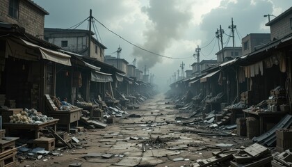Abandoned Marketplace with Debris and Dramatic Sky at Dusk