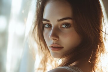 Fototapeta premium Beautiful Young Woman with Soft Expression and Natural Light