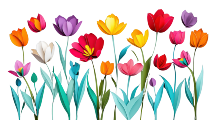 Colorful paper tulips blooming on transparent background