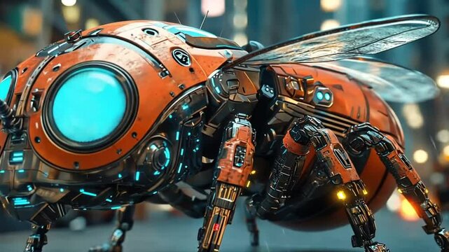Futuristic robot bee in urban night scene. Possible use for sci-fi concept