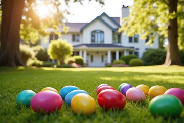 Colorful Easter eggs scattered on grassy lawn in front of house