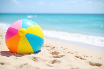 Obraz premium Colorful beach ball on sandy beach with ocean sky and footprints