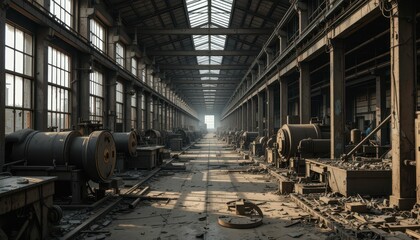 Abandoned Industrial Warehouse Interior with Machinery and Sunlight