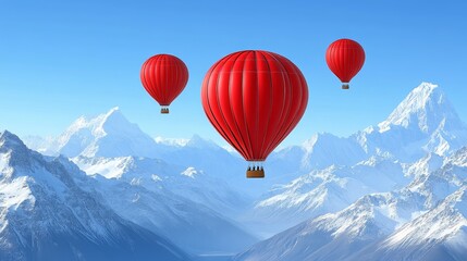 Fototapeta premium Red hot air balloons drifting gracefully over majestic snow-capped mountains against a clear sky offering scenic views and adventure seeking