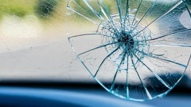 A close-up of a shattered windshield, displaying a prominent crack pattern, with a blurred background indicating a roadside view.
