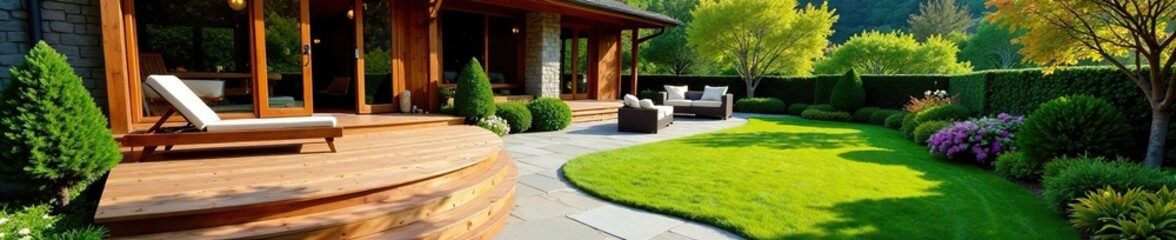 Grand wooden deck flows to stone patio, large house backdrop, summer, relaxing