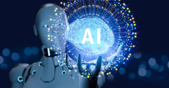 Robotic arm pointing at stock chart.Ai artificial intelligence tool analysis Data stock market.Investor use smart Ai robot automation technology for analysis graph data for decision trading,big data. 