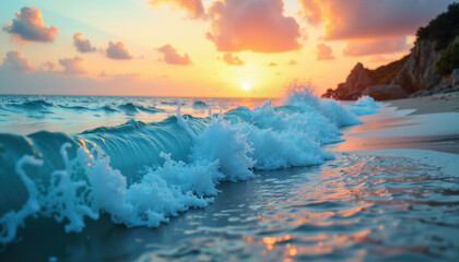 Fototapeta premium Waves gently crash on a beach at sunset, casting a golden glow over the water and sky.