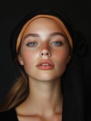 Close-up portrait of a young woman with blue eyes, freckles, and a black headband against a dark background.